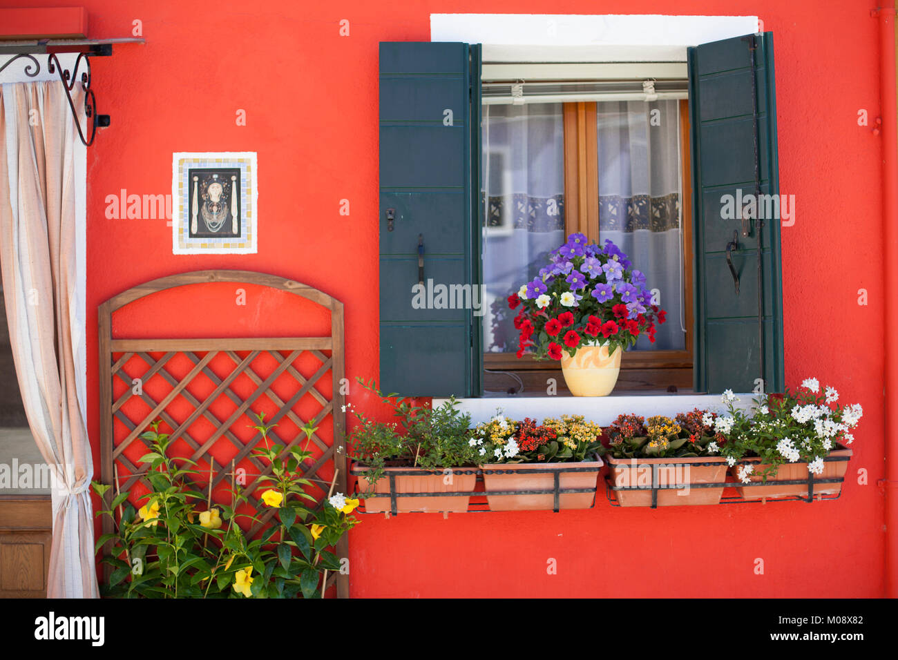 Impianto pot con rosso e viola i fiori sul davanzale di una casa arancione in Burano Venezia Italia. Foto Stock