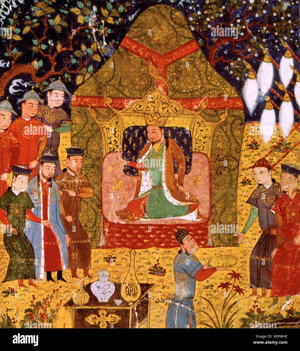 Gengis Khan (c.1162-1227). Illustrazione, risalenti al periodo intorno al 1430, mostrando Gengis Khan ascendere al trono nel 1206. Foto Stock