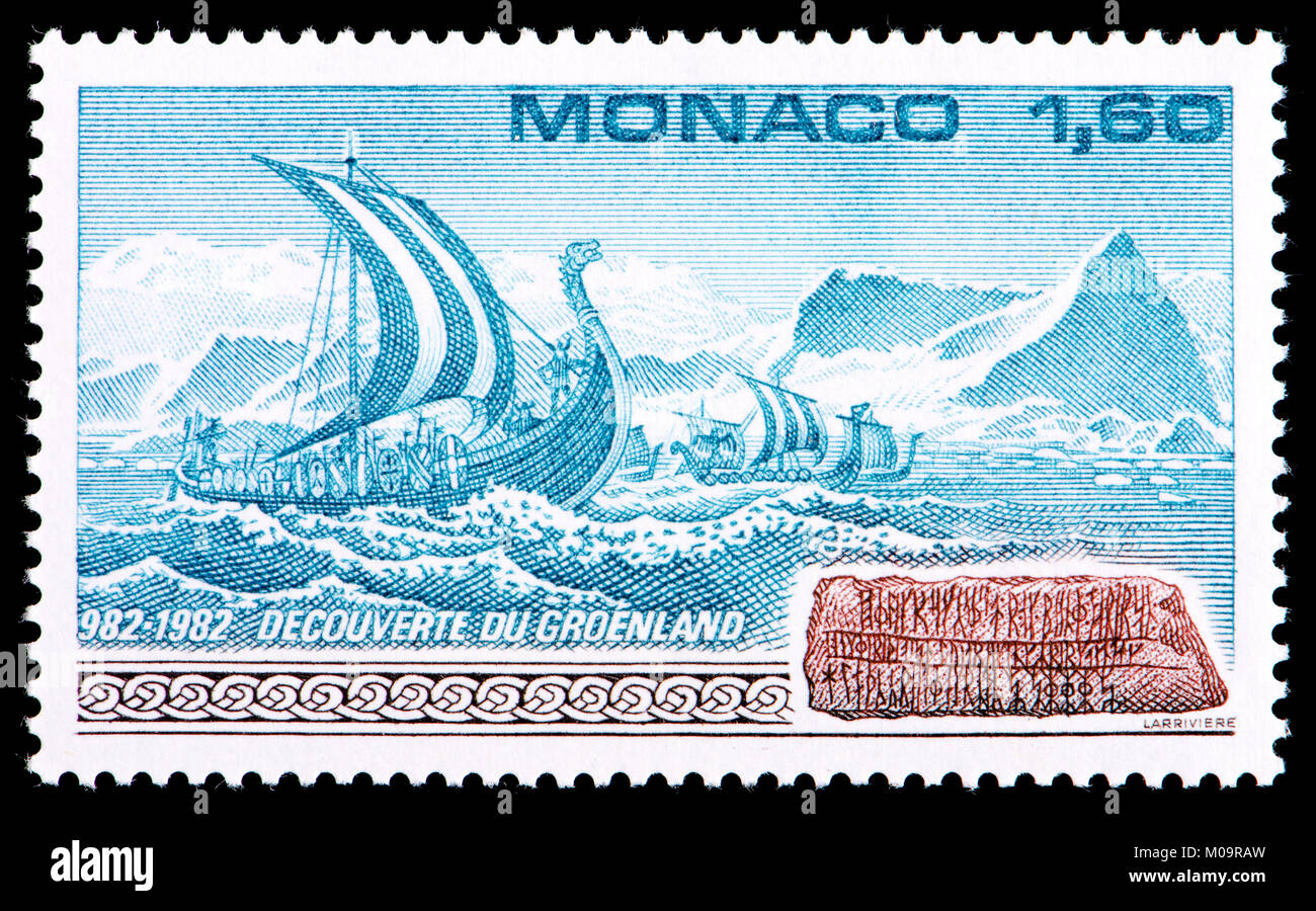 Monaco francobollo (1982): millesimo anniversario della scoperta della Groenlandia da Erik il Rosso Foto Stock