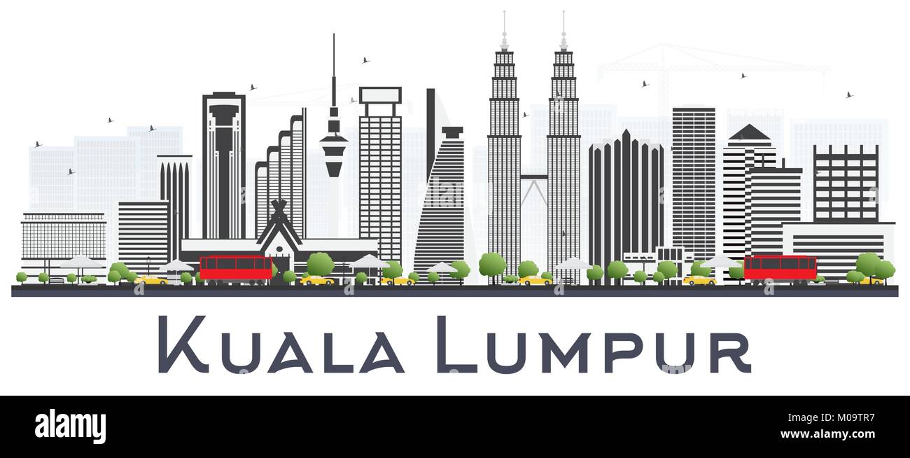 Kuala Lumpur Malaysia skyline della città con edifici grigi isolati su sfondo bianco. Illustrazione Vettoriale. Viaggi di affari e turismo concetto con Mod Illustrazione Vettoriale