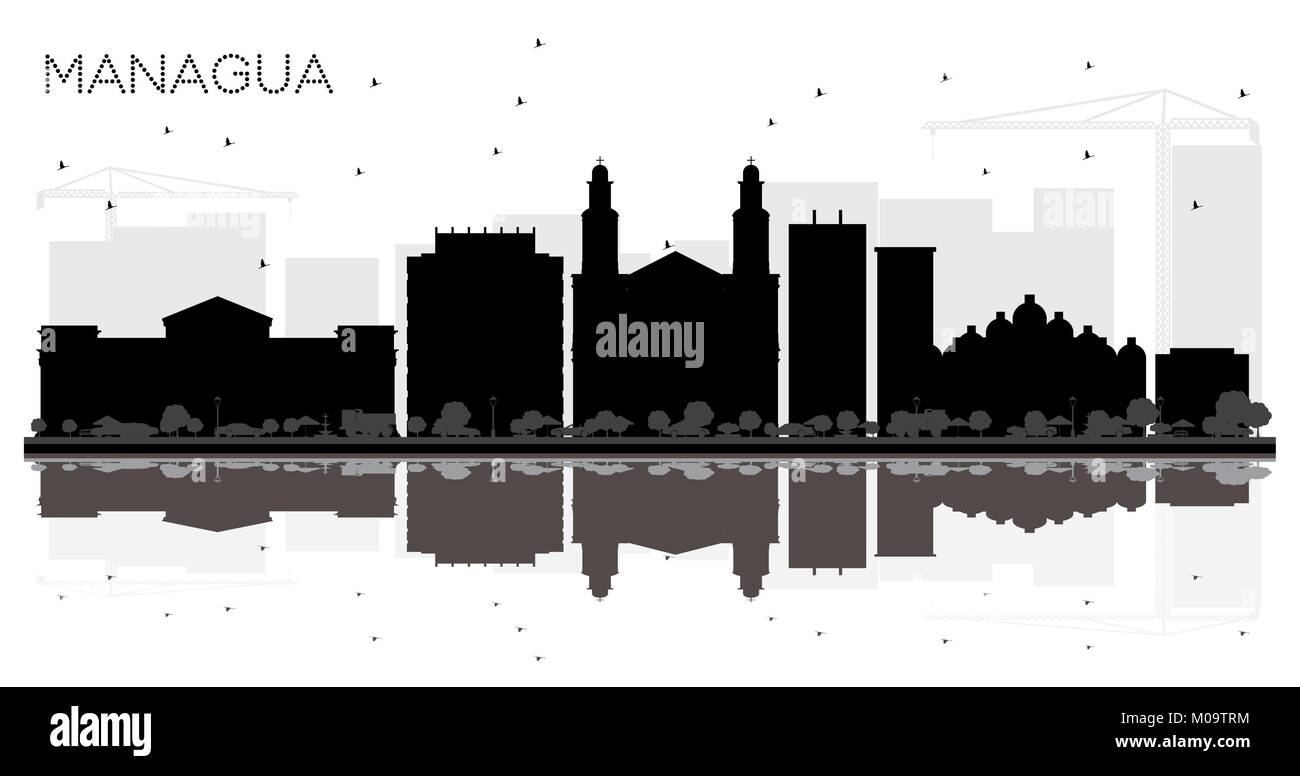 Managua Nicaragua skyline della città in bianco e nero con Silhouette riflessioni. Illustrazione Vettoriale. Illustrazione Vettoriale
