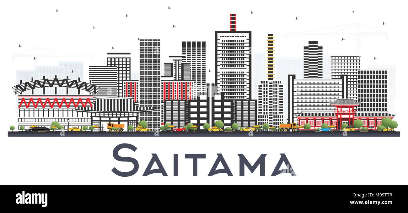 Saitama Giappone skyline della città con edifici di colore isolato su sfondo bianco. Illustrazione Vettoriale. Viaggi di affari e turismo Concept Illustrazione Vettoriale