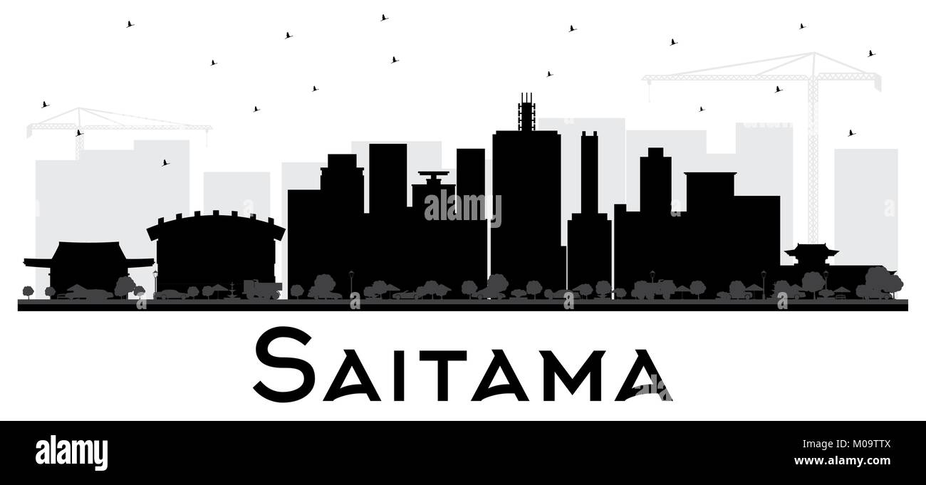 Saitama Giappone skyline della città in bianco e nero la silhouette. Illustrazione Vettoriale. Piatto semplice concetto per il turismo Presentazione, cartellone. Illustrazione Vettoriale