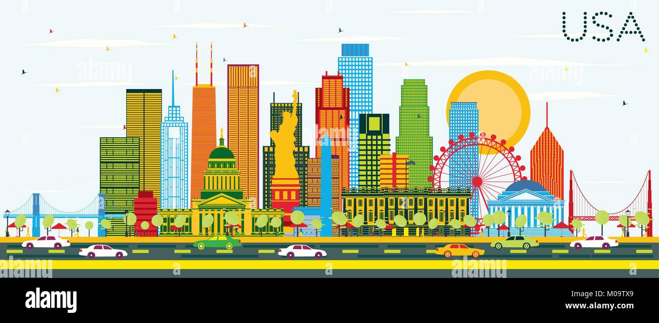 Stati Uniti d'America skyline di grattacieli di colore e punti di riferimento. Illustrazione Vettoriale. Viaggi di affari e di turismo con il concetto di architettura moderna. Illustrazione Vettoriale