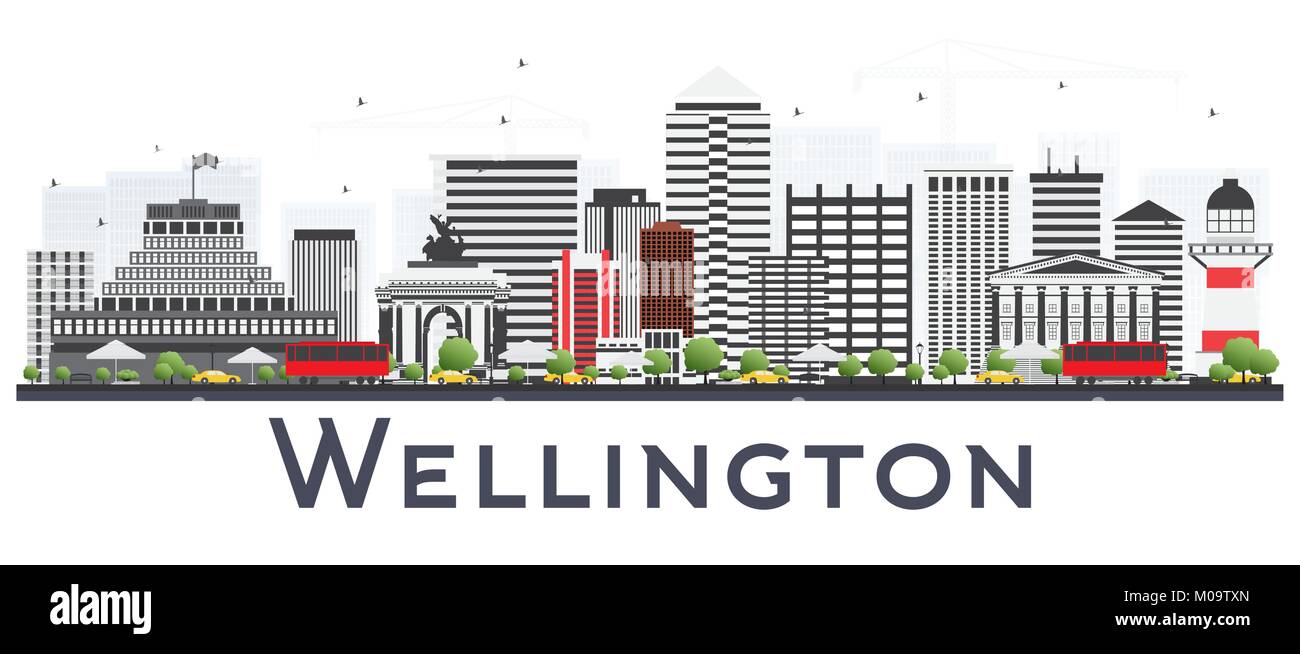 Wellington Nuova Zelanda skyline della città con edifici grigi isolati su sfondo bianco. Illustrazione Vettoriale. Viaggi di affari e turismo Concept Illustrazione Vettoriale