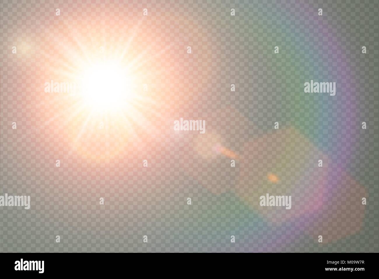 Vettore di luce solare trasparente speciale lente flare effetto di luce. Sun flash con caldi raggi e spotlight. Abstract traslucido elemento di arredamento di design. Isolat Illustrazione Vettoriale