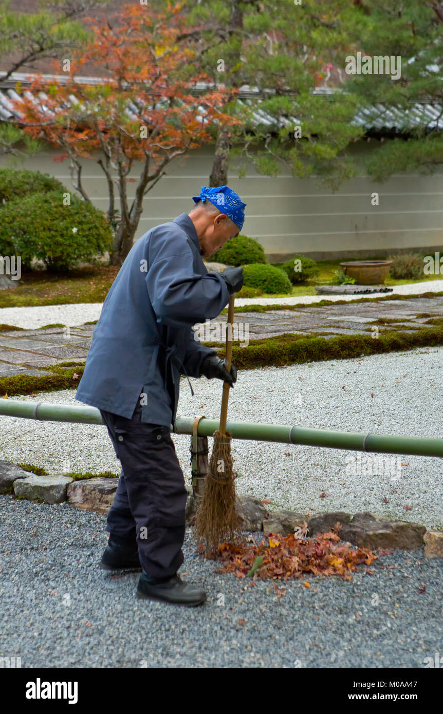 Un uomo spazia fino cadono le foglie nei pressi di un tempio a Kyoto, in Giappone. Foto Stock
