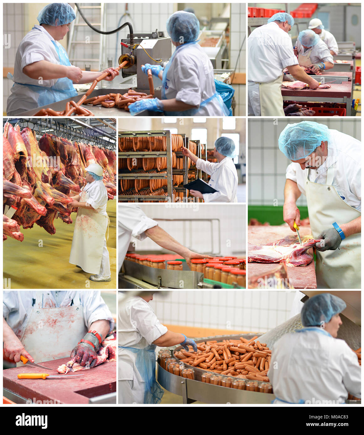 Industria alimentare - produzione di salsicce, lavoratori in un impianto per la trasformazione di carni, cella frigo con carne di maiale e manzo metà, conserve di produzione di carne Foto Stock