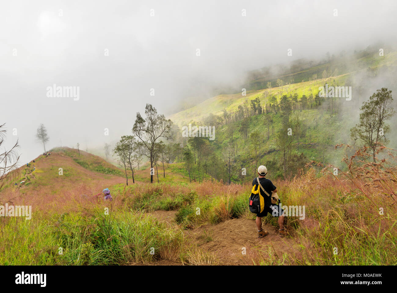 Godendo della splendida vista del monte Rinjani, Lombok, Indonesia Foto Stock