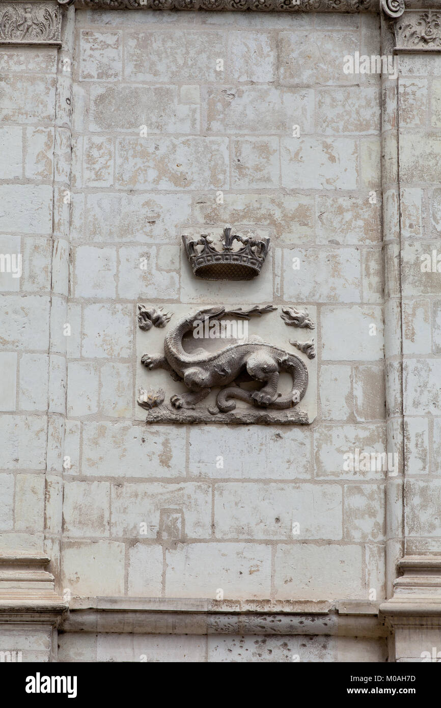 La Salamander, emblema di François I . Castello di Blois. Valle della Loira, Francia Foto Stock