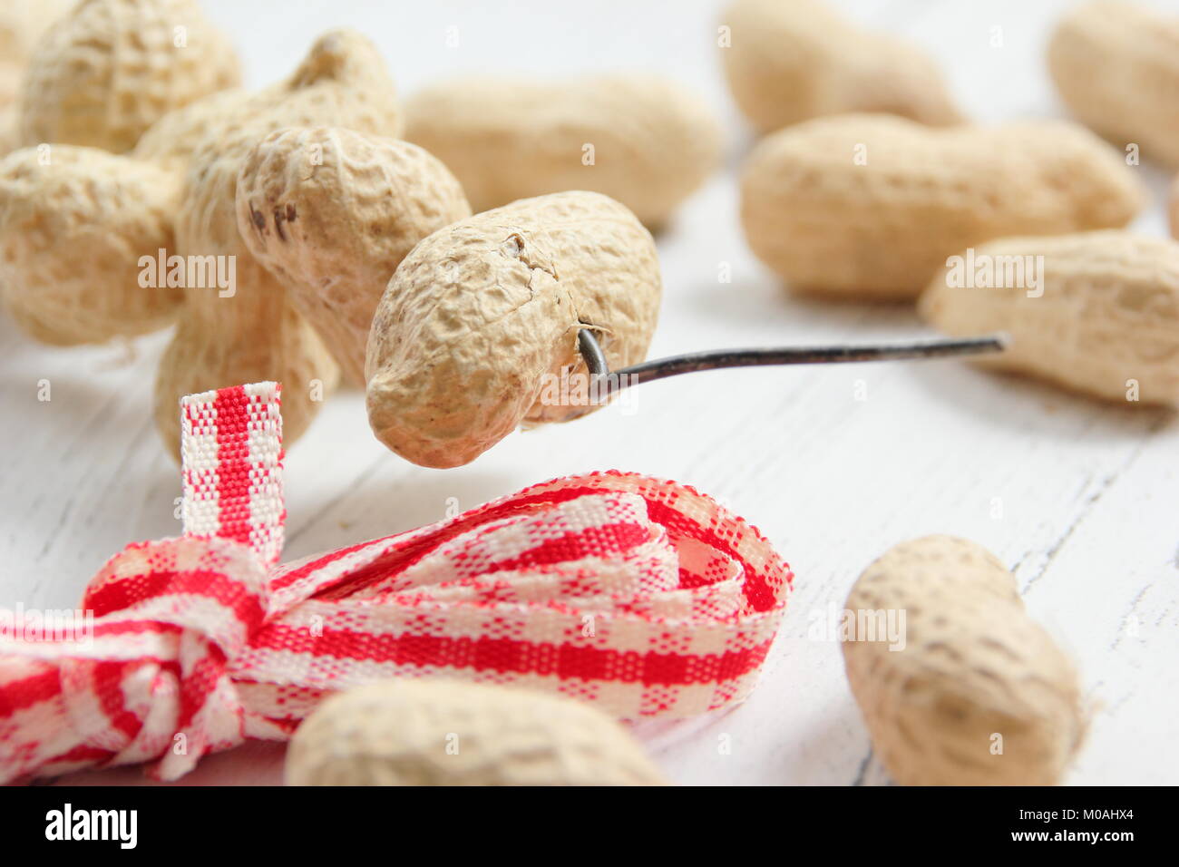 Creazione di un inverno in casa a forma di cuore bird feeder da scimmia dadi (guida passo passo). Fase1/3:Thread monkey dadi sul filo artigianale modellata come cuore Foto Stock