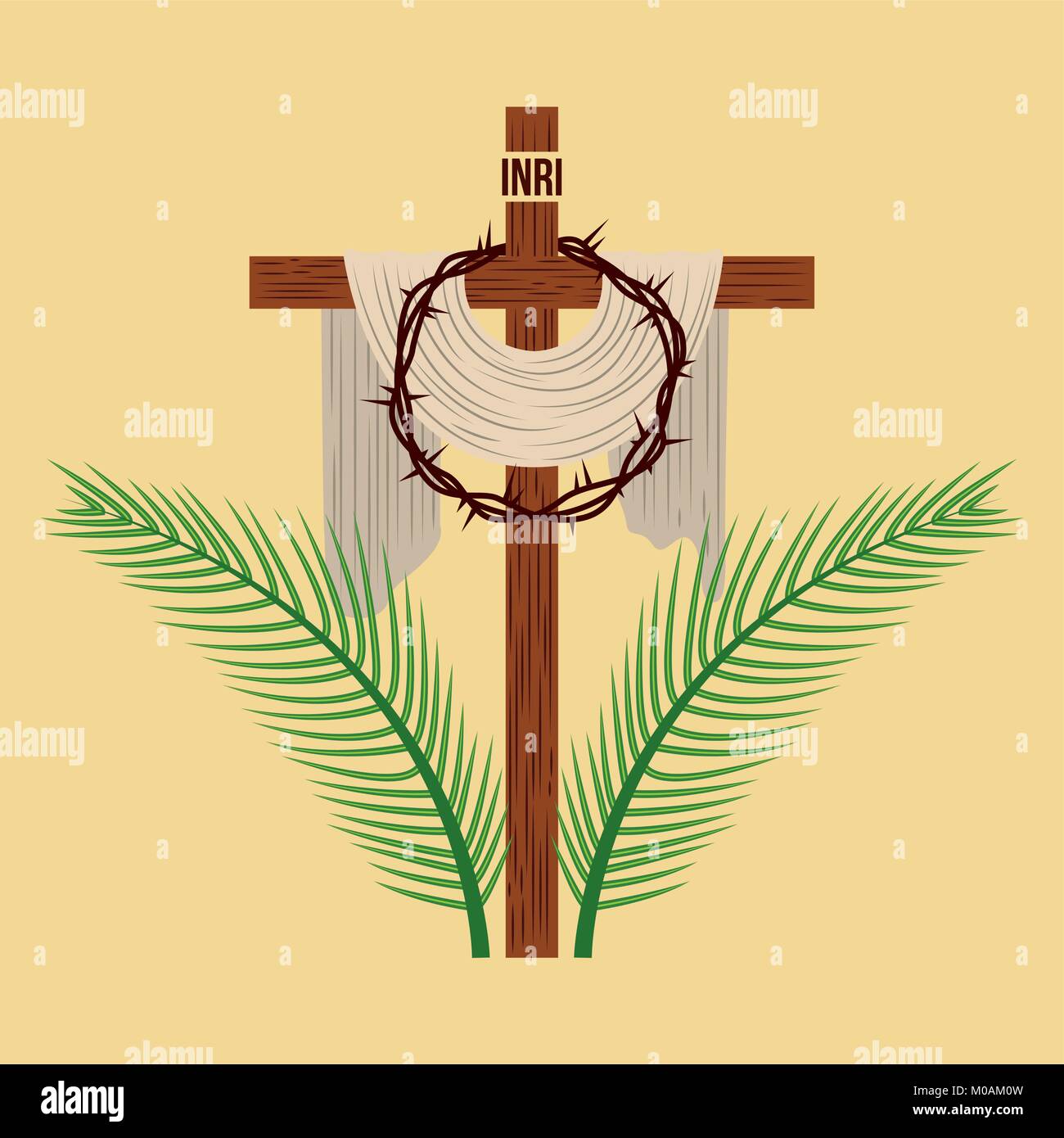 Croce religiosa corona e rami di palma Illustrazione Vettoriale