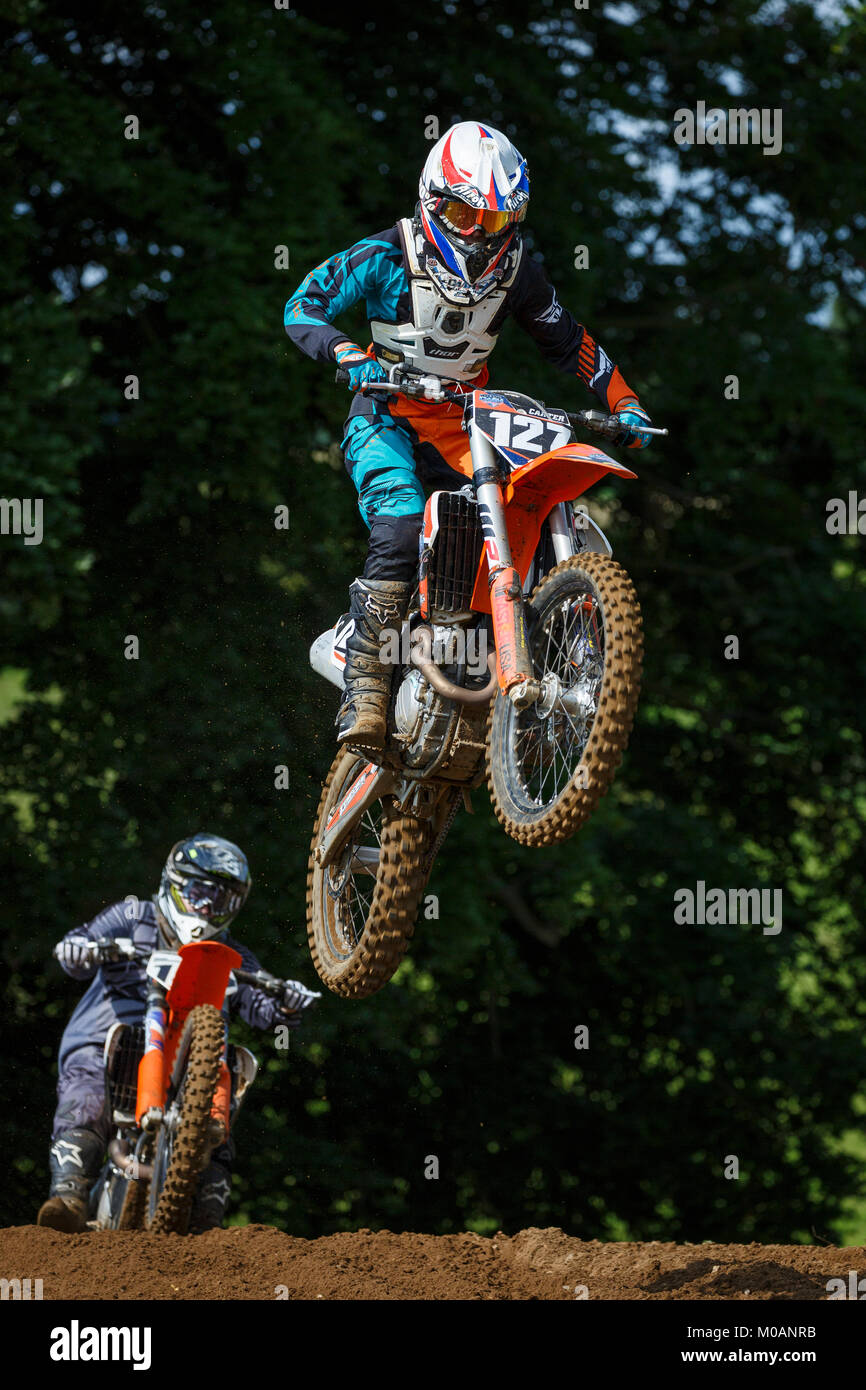 Jack Carter sulla California Vacanze Motocross KTM 250 all'NGR & ACU EVO orientale campionati, Cadders Hill, Lyng, Norfolk, Regno Unito. Foto Stock