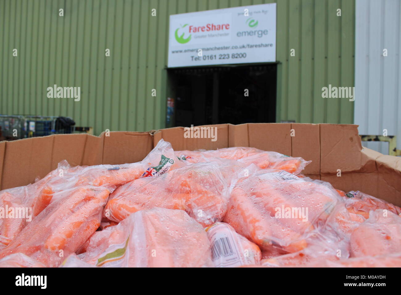 Le carote in borse di plastica in una grande scatola di fronte FareShare Greater Manchester depot, dove combattevano i rifiuti alimentari e alimenti la povertà Foto Stock