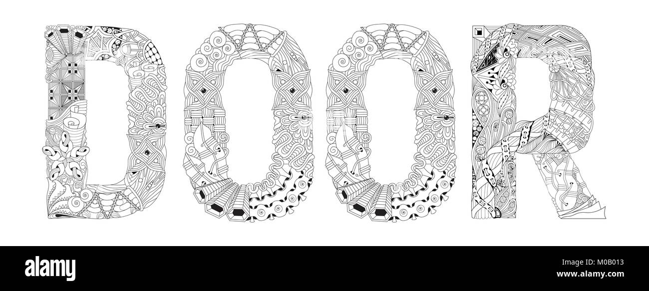 Dipinte a mano e art design. Adulto anti-stress pagina di colorazione. In bianco e nero disegnato a mano illustrazione parola porta a libro da colorare Illustrazione Vettoriale