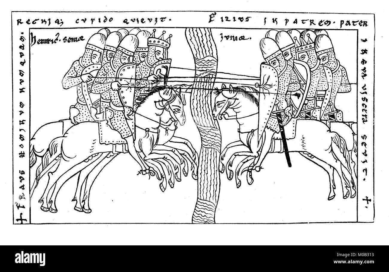 La collisione imminente di Enrico IV con suo figlio Enrico, più tardi la v. illustrazione dal manoscritto di Otto von Freisings cronaca, digitale migliorata la riproduzione di un originale di stampa dal 1880 Foto Stock