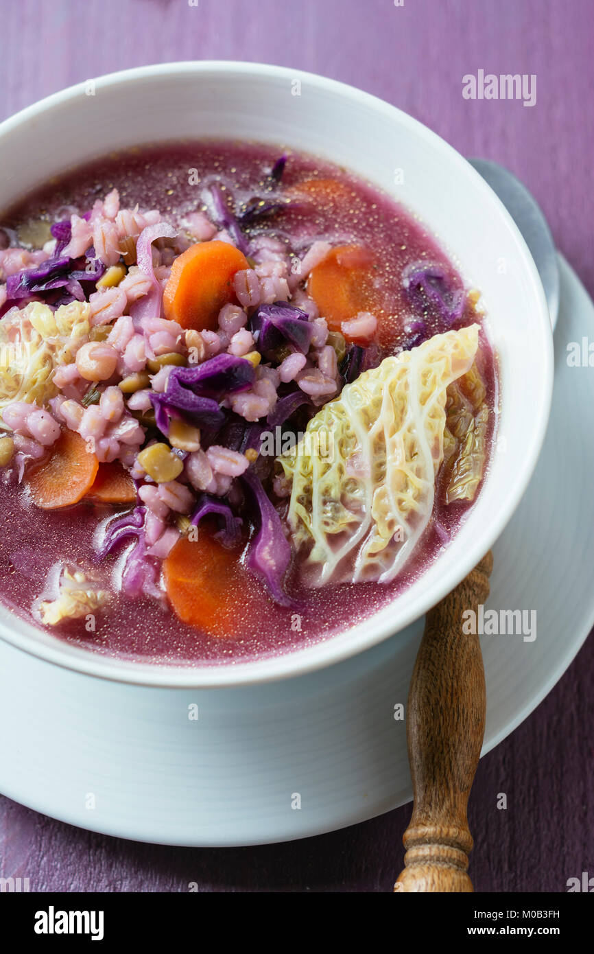 Zuppa di sani con carote, orzo, cavolo verza, rosso/viola cavolo, piselli spezzati e prezzemolo. Foto Stock