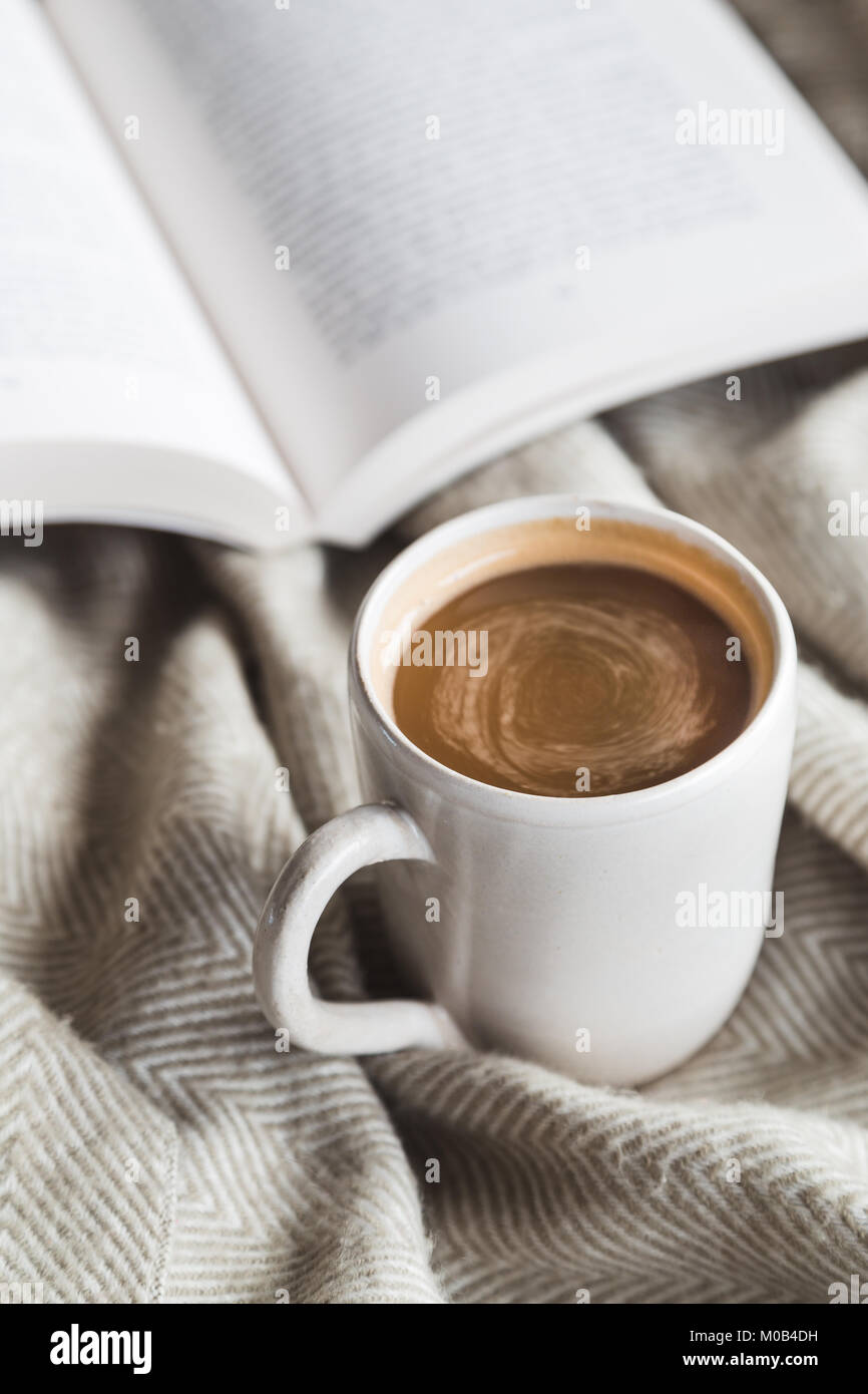 Accogliente tazza di cioccolata calda con libro Foto Stock
