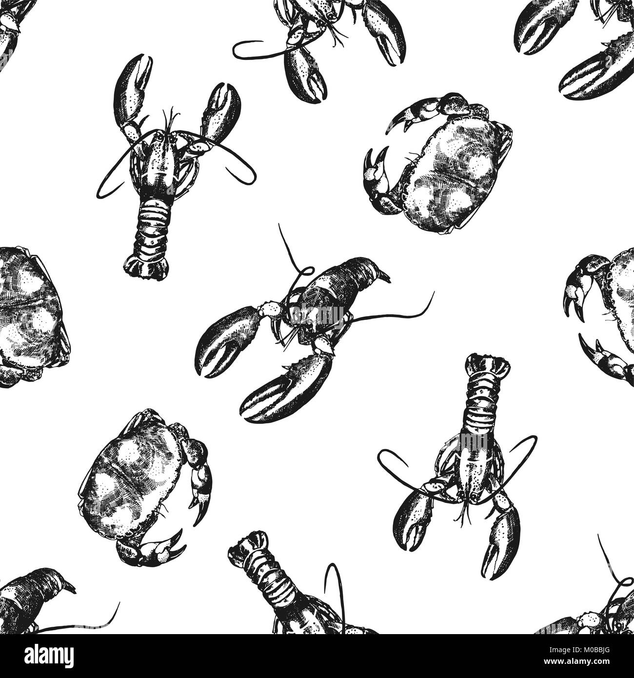 Modello senza giunture di mano il bozzetto style le aragoste e i granchi. Illustrazione di vettore isolato su sfondo bianco. Illustrazione Vettoriale
