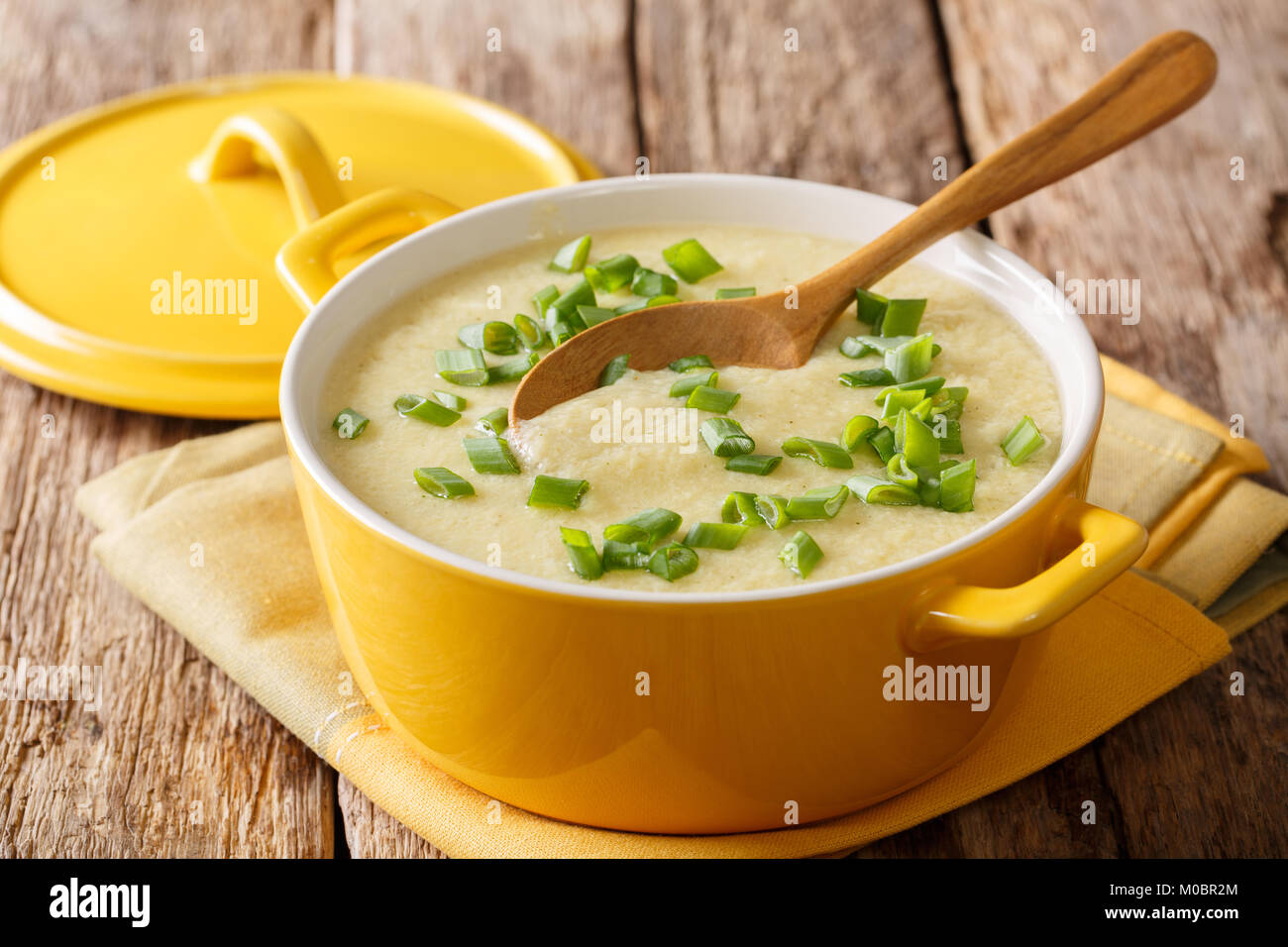 Cibo fatto in casa: Zuppa di uovo con le cipolle verdi close-up in una ciotola sul tavolo orizzontale. Foto Stock