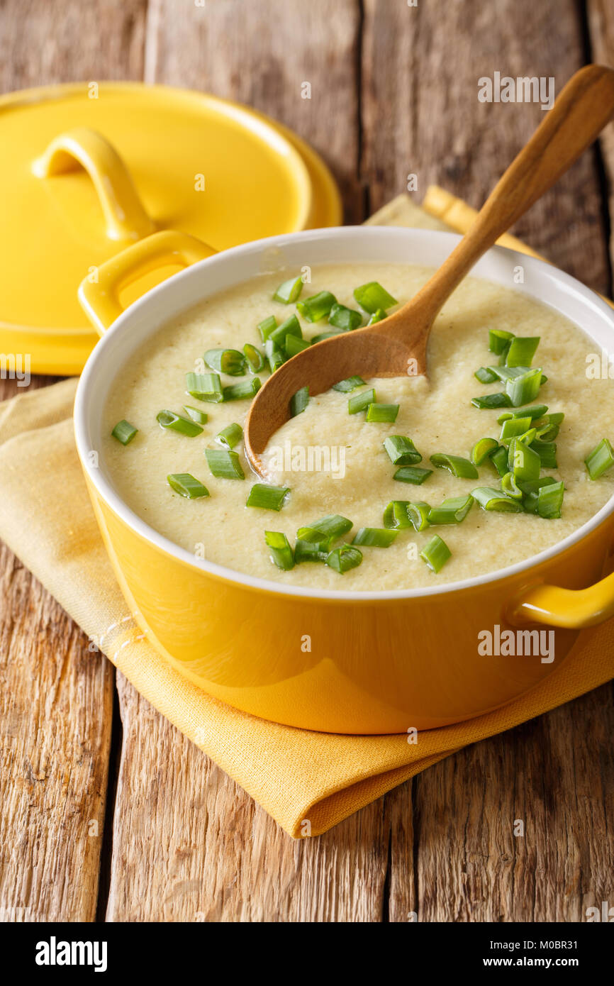 Uovo di caduta di minestra in crema con cipollotti freschi close-up in una ciotola sul piano verticale. Foto Stock