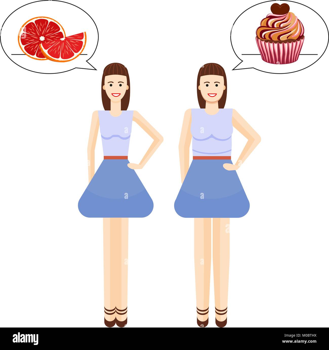 Belle ragazze sano preferito e cibo malsano. Illustrazione Vettoriale