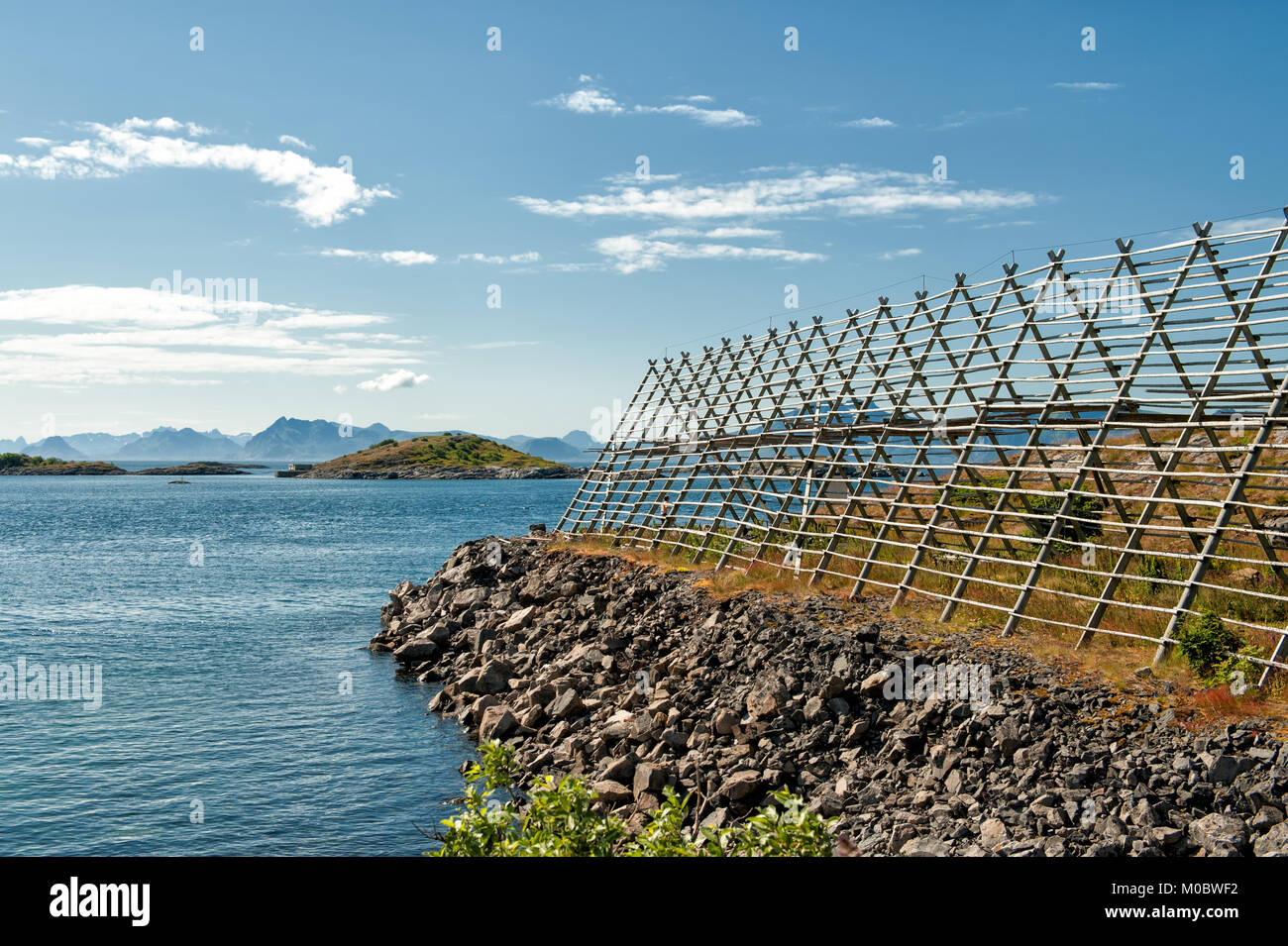 Tipiche scaglie di essiccazione per stoccafisso in Lofoten, Norvegia settentrionale. Asciugando cibo è il più antico del mondo metodo di conservazione. Foto Stock