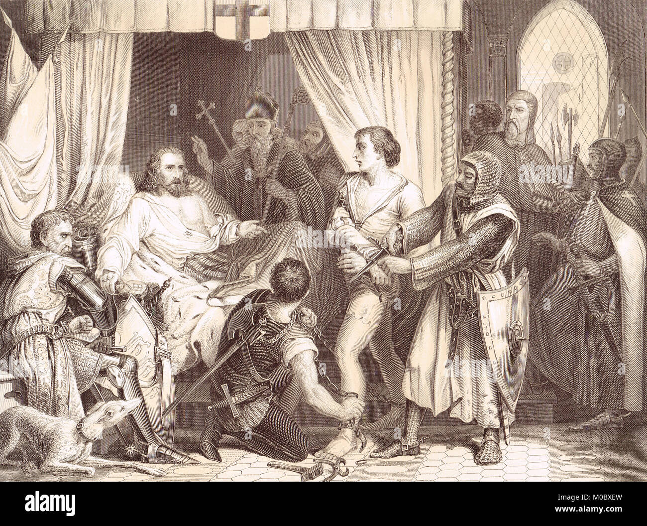 Re Richard I, Coeur de Lion perdonando Bertrand De Gurdun per un attentato alla sua vita, 1199 Foto Stock