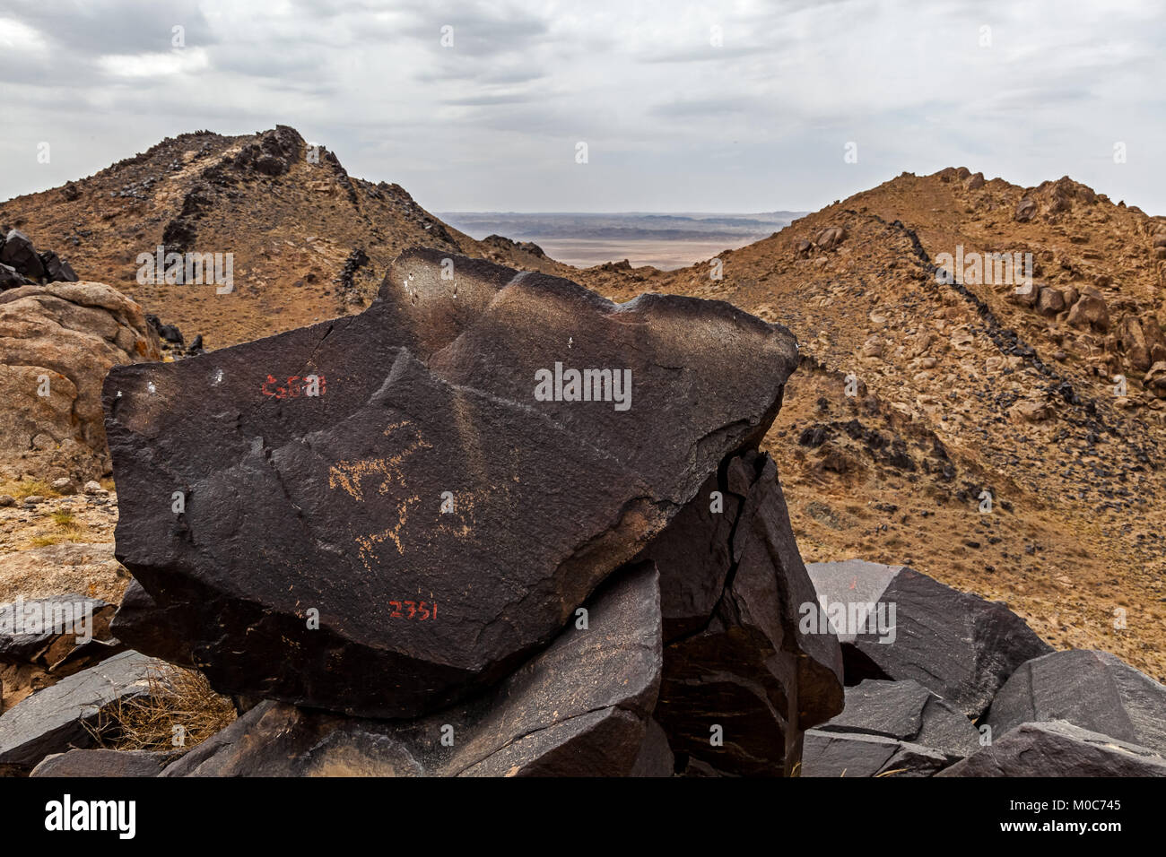 La pittura di roccia, in Yinshan Montagne in Murad medio Banner, Mongolia Interna, Cina. Foto Stock