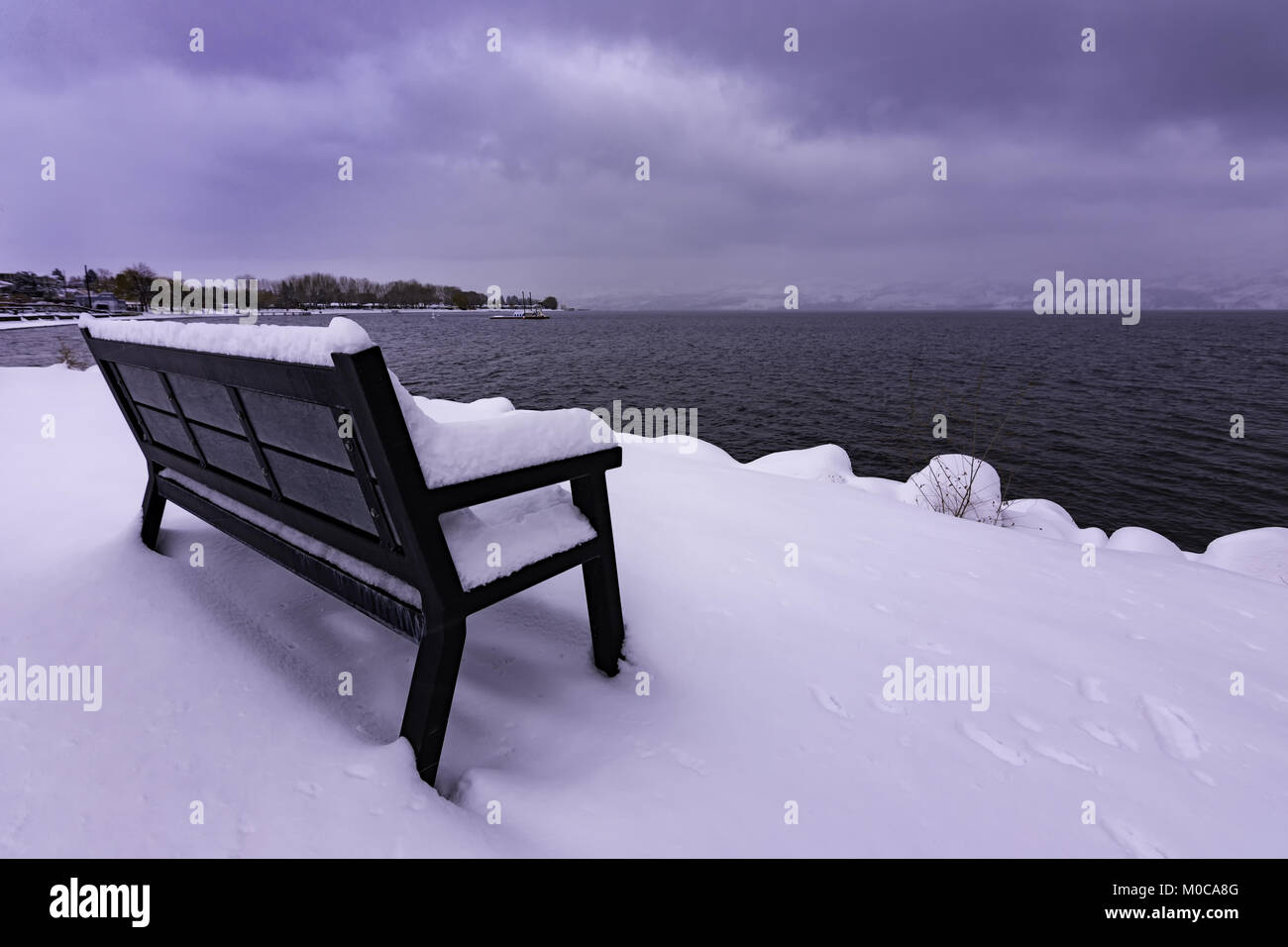 Coperta di neve una panchina nel parco sul Lago Okanagan West Kelowna British Columbia Canada su un giorno di tempesta Foto Stock
