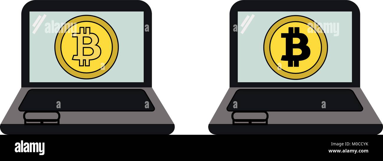 Due notebook PC con simbolo di bitcoin cryptocurrency nella schermata, una in bianco e nero e le altre in giallo. Concetto di digitale o moneta virtuale. Illustrazione Vettoriale