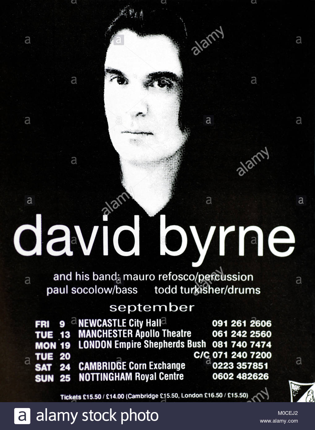 Magazine annuncio pubblicitario con UK tour date per David Byrne 1994 Foto Stock
