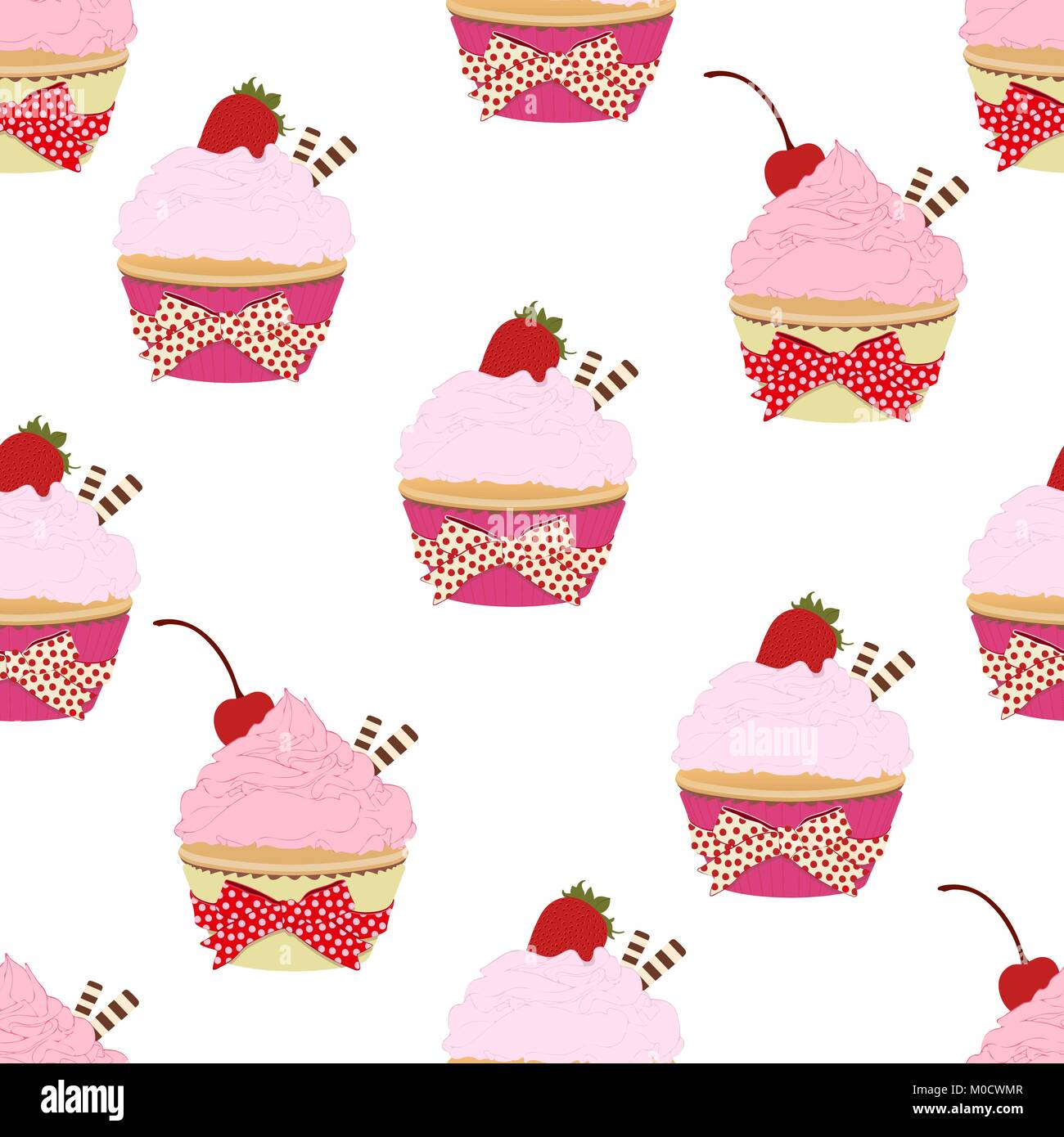 Tortina seamless pattern, sfondo vettoriale. Torte con frutta rosa crema con una ciliegia e fragole sulla parte superiore su un sfondo bianco. Dipinto di dessert f Illustrazione Vettoriale