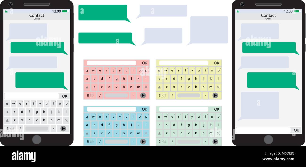 Messenger telefono cellulare interfaccia utente. Schermo app e discorso bolla con tastiera. Illustrazione Vettoriale Illustrazione Vettoriale