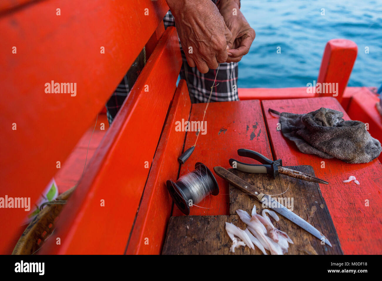 Asian man mano lavorando con vittima di calamari e tagliere Foto Stock