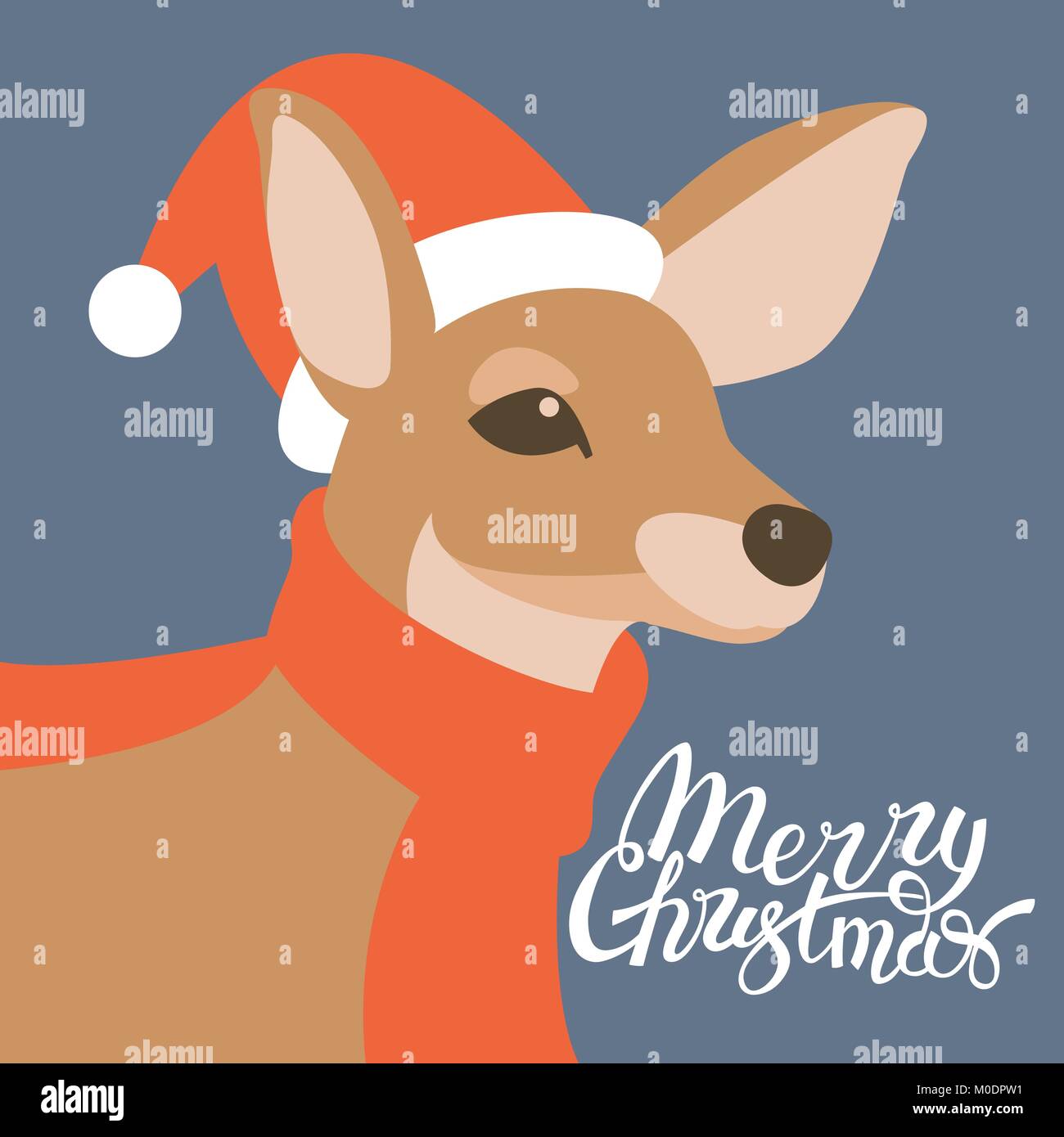 Merry Christmas card deer illustrazione vettoriale stile piatto scritte Illustrazione Vettoriale