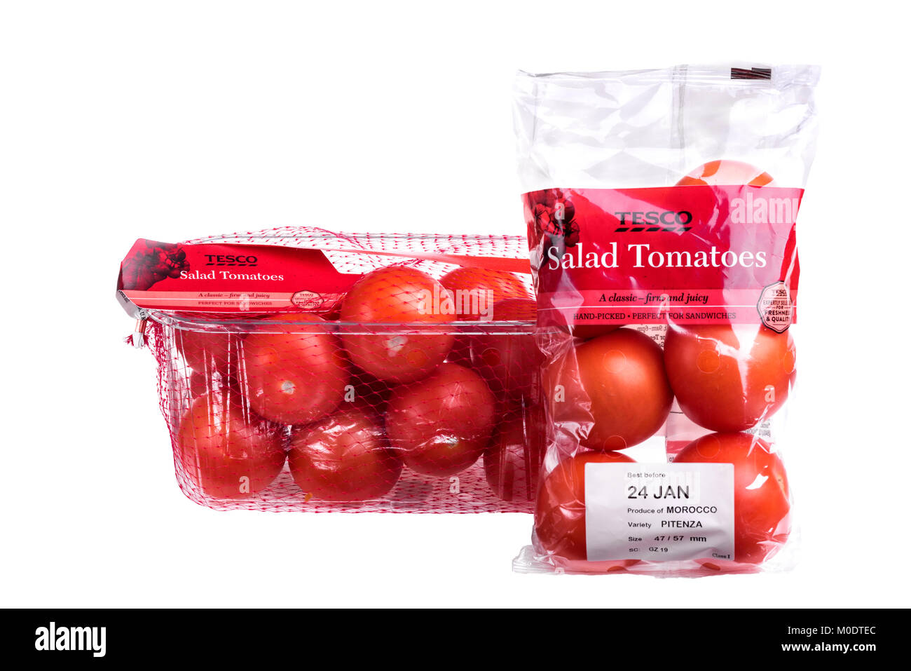 Tesco pomodori da insalata, supermercato degli imballaggi in plastica. Foto Stock