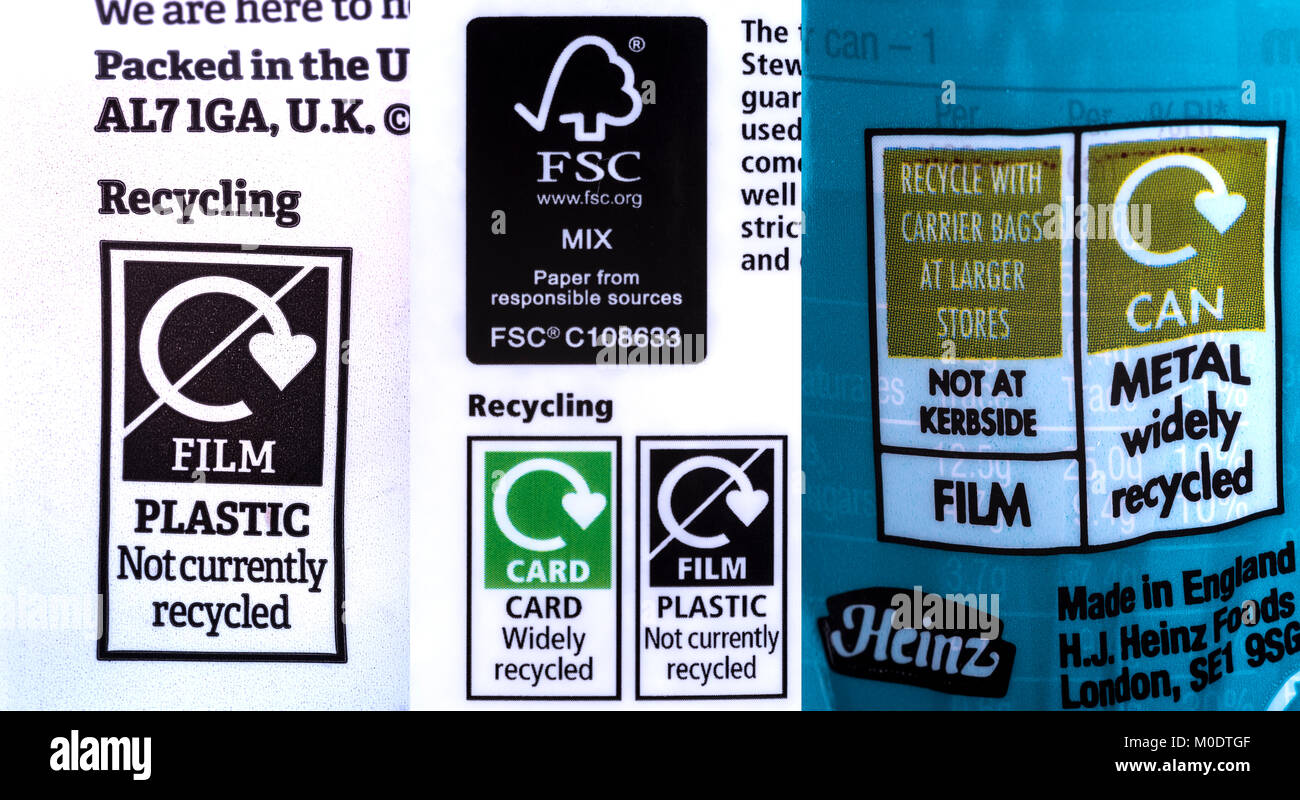 Composito di alcune etichette di riciclo, indicando alcuni prodotti in plastica come non riciclabile. Foto Stock