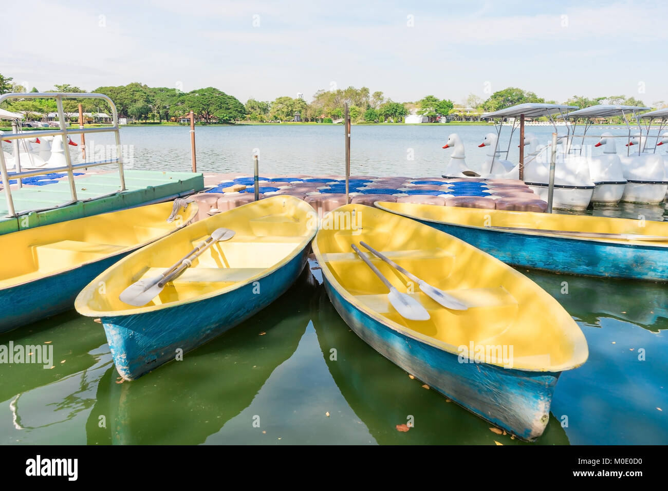 Close up anatre,swan pedale barca galleggiante sul lago contro il cielo blu. Suang Luang Rama IX giardino pubblico, Bangkok ,Thailandia .il fuoco selettivo Foto Stock