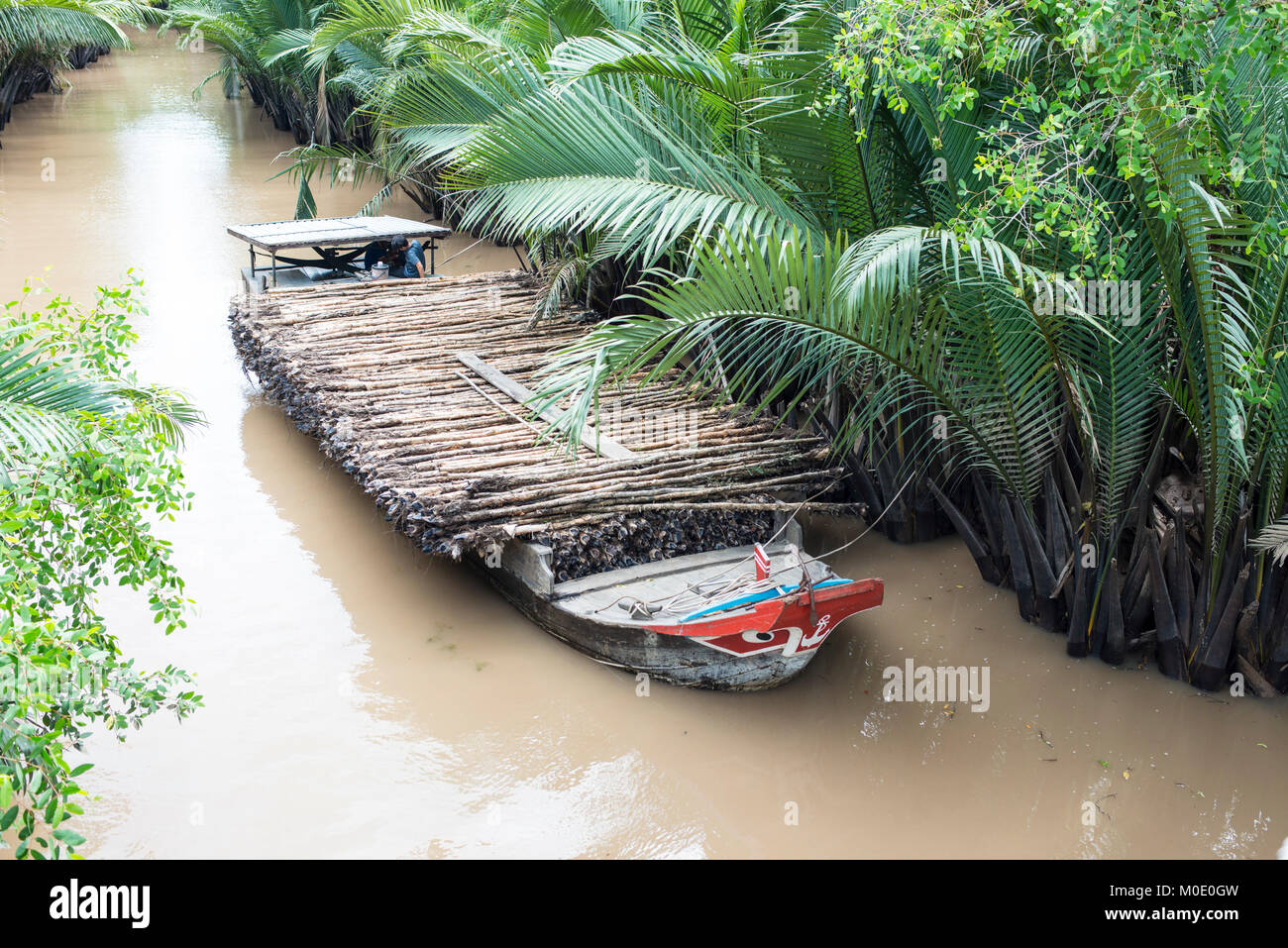 Canal chiatte che trasportano il legname, Vietnam Foto Stock