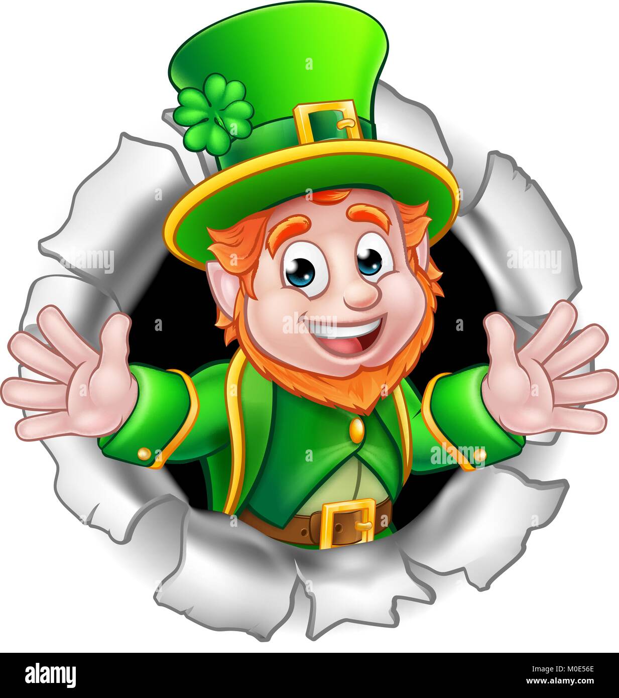 Felice San Patrizio. Carattere con il cappello verde. Cartoon divertente leprechaun con bandiera irlandese e la canna da zucchero. Illustrazione Vettoriale Immagine e Vettoriale