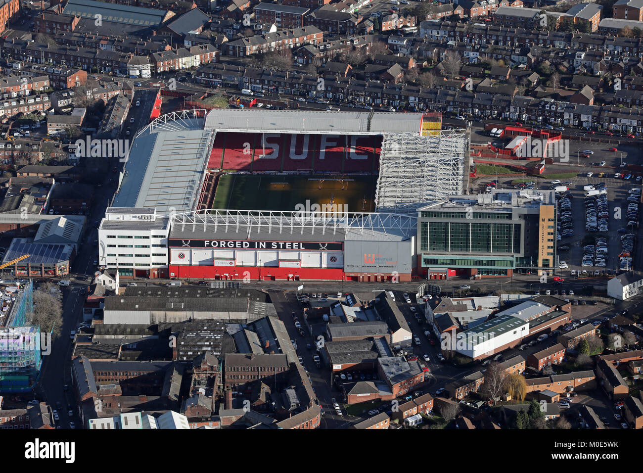 Vista aerea di Sheffield United Bramall Lane Stadium, South Yorkshire, Regno Unito Foto Stock