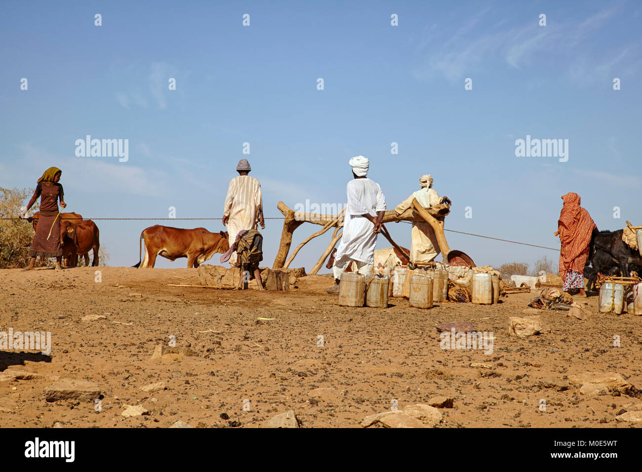 Persone il recupero di acqua da un pozzo vicino a Naqa, Sudan (Nord Sudan), Africa Foto Stock