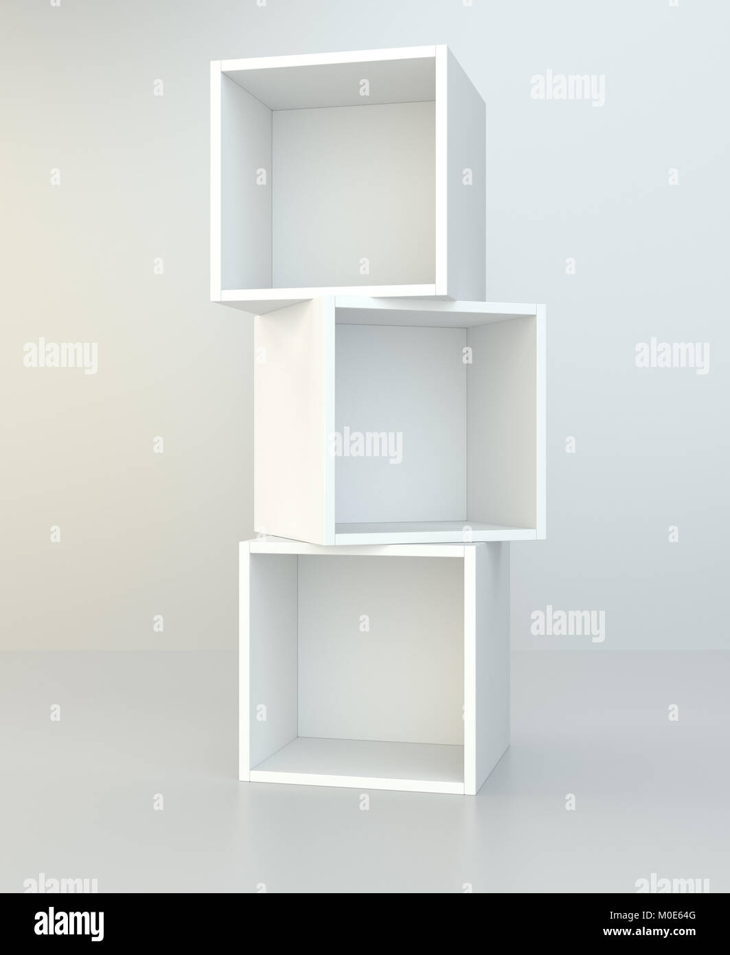 Scatola bianca ripiani. 3D rendering sullo sfondo della parete della camera e il piano di riflessione. Foto Stock