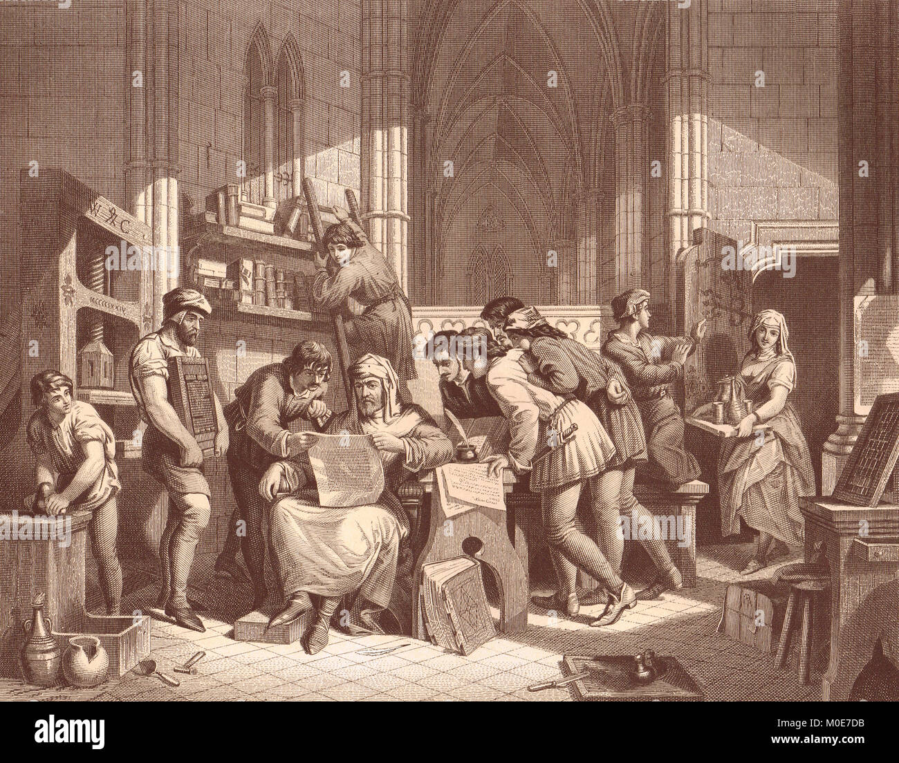 William Caxton, la lettura del primo foglio di prova dalla sua stampa, Almonry, Westminster Abbey, 1476 Foto Stock