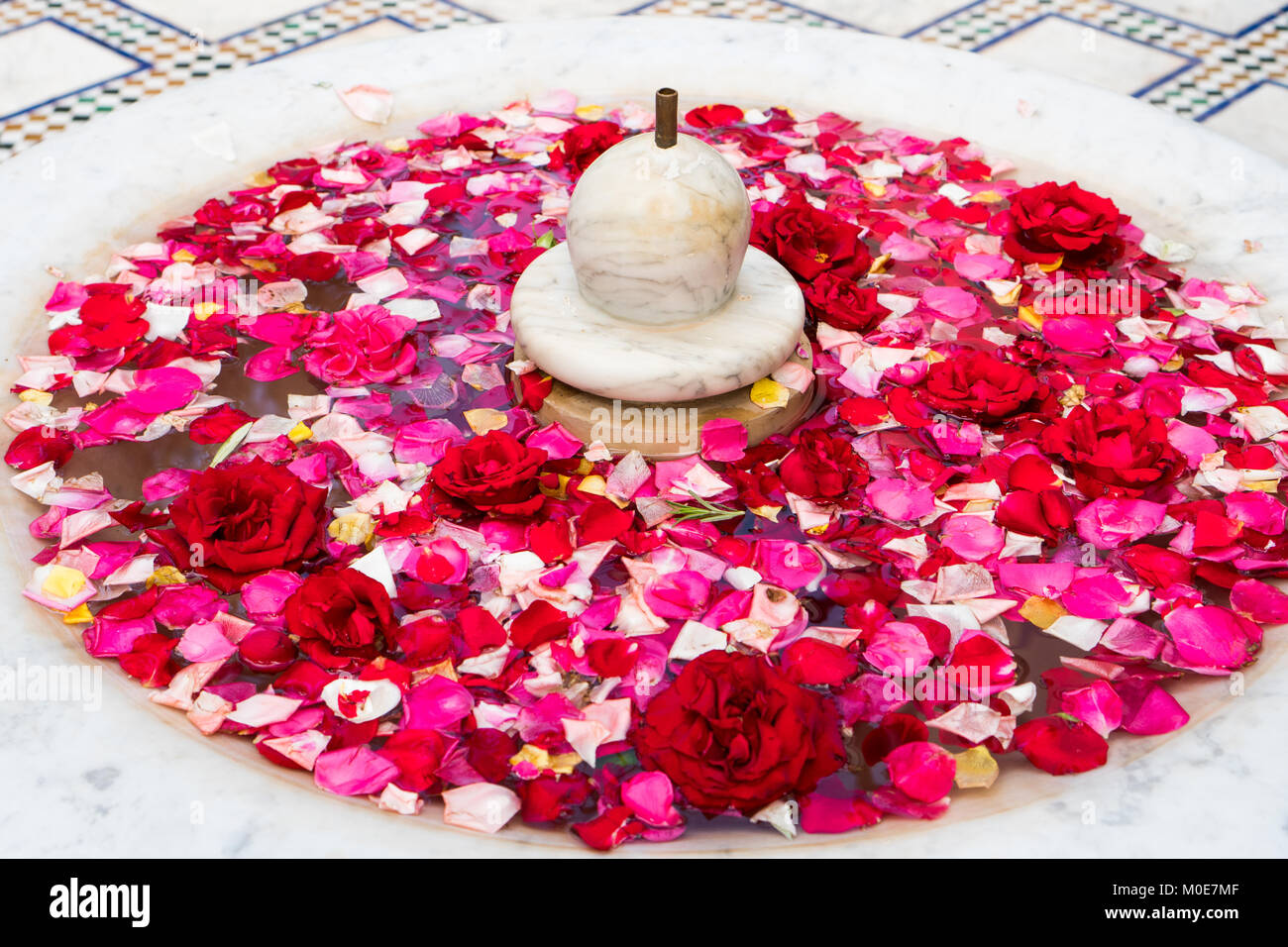 La decorazione floreale con rosso e rosa rose galleggianti in una fontana Foto Stock