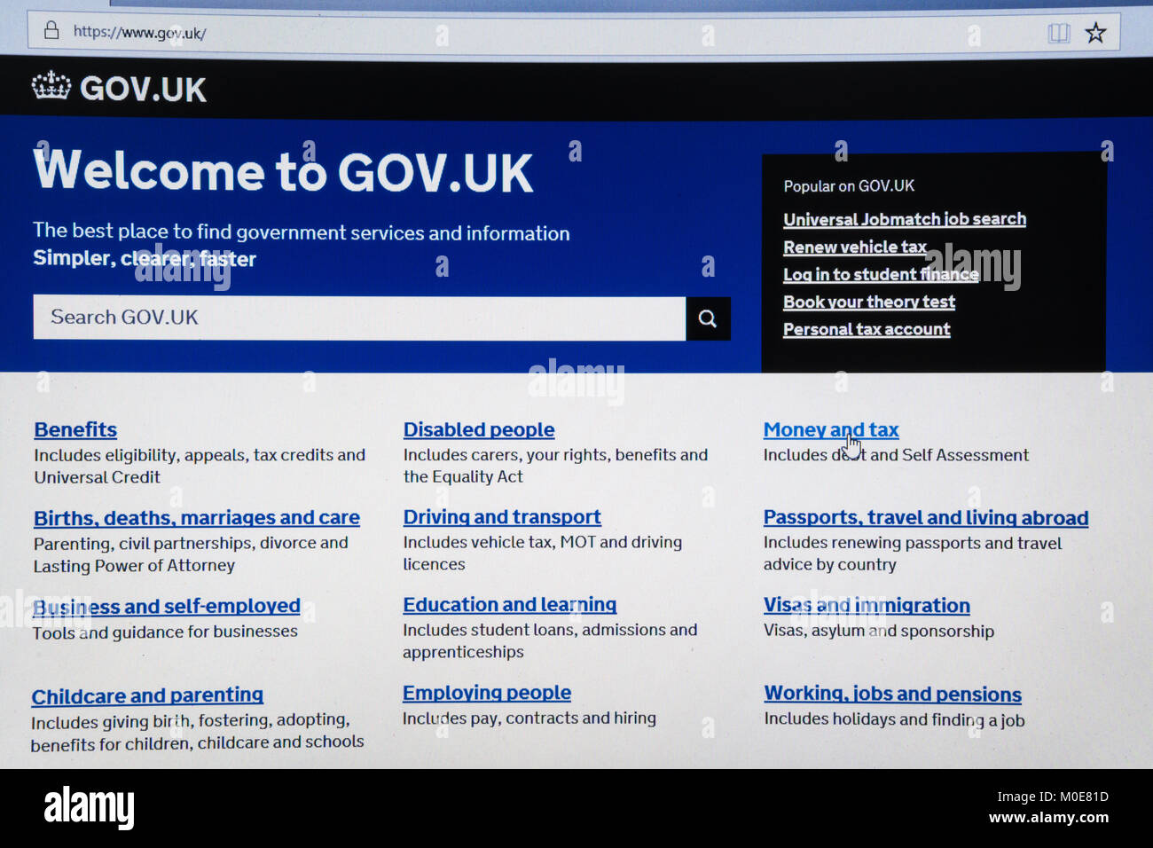 Computer screenshot del gov.uk website homepage 2018 Foto Stock
