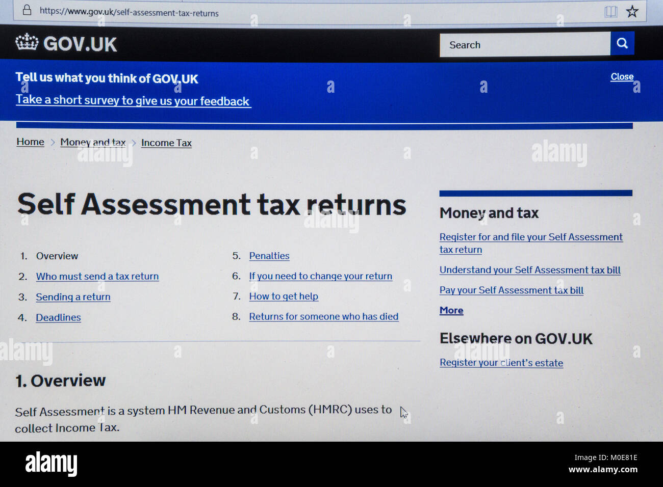 Screenshot di computer con gov.uk sito web che mostra self-assessment imposta le informazioni di ritorno 2018 Foto Stock