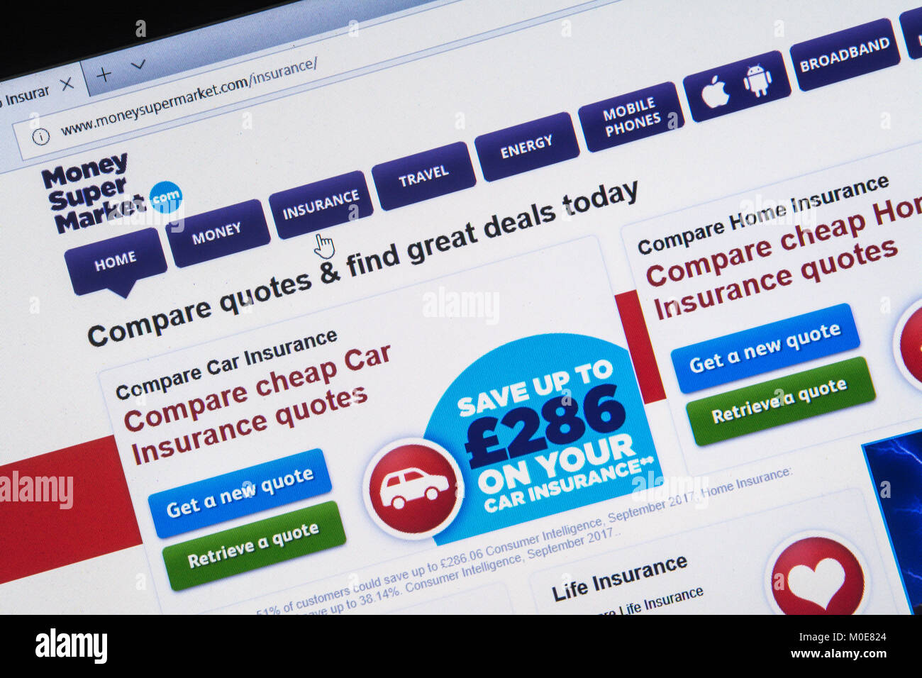 Computer screenshot del sito web di confronto dei prezzi denaro supermarket.com - Informazioni su cheap citazioni di assicurazione auto Foto Stock