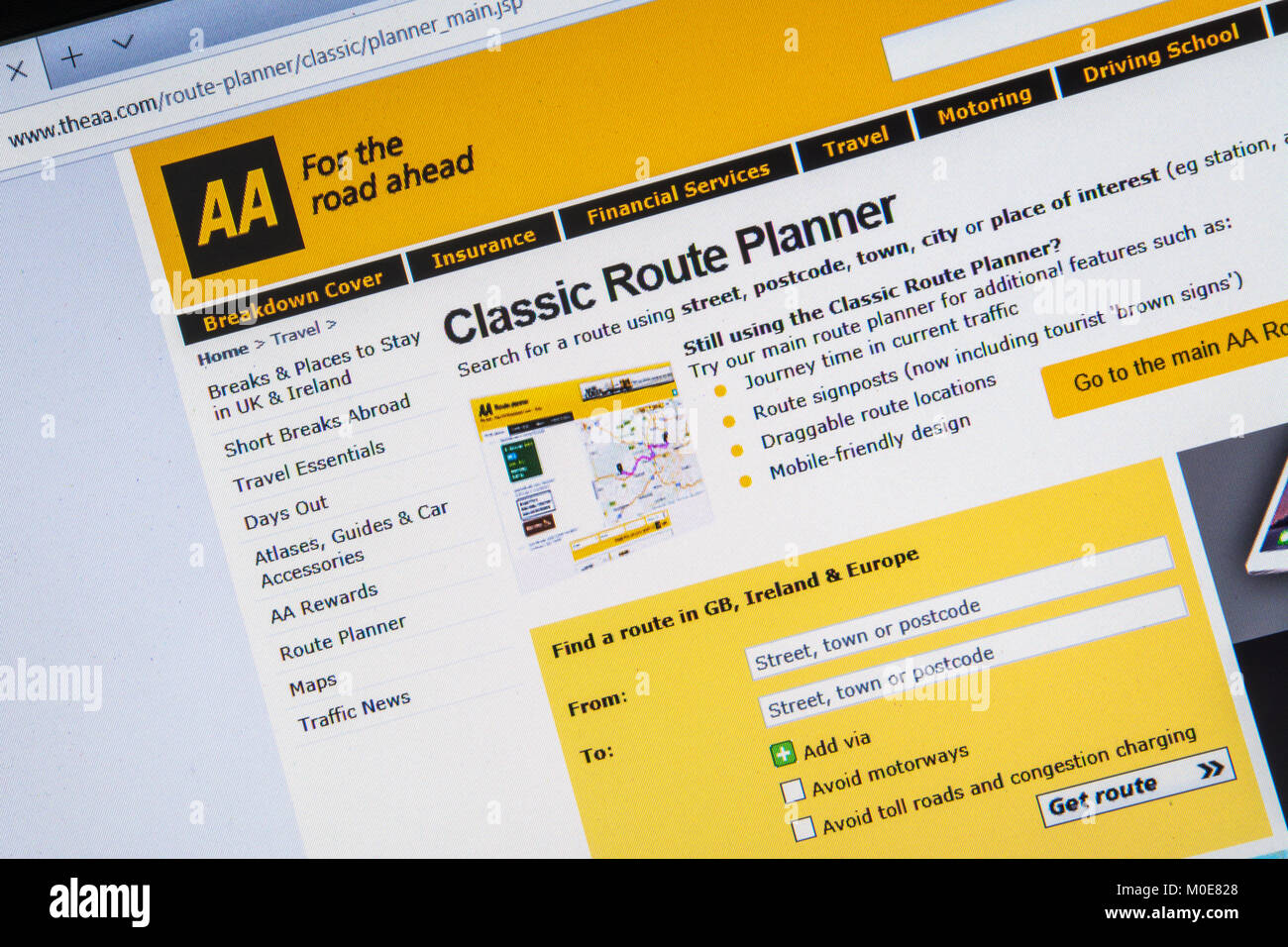 Computer screenshot di AA (Automobile Association) classic route planner website Foto Stock